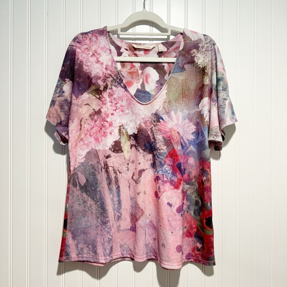 Soft Surroundings Pink Floral V Neck Top Short Sleeve Size Small
